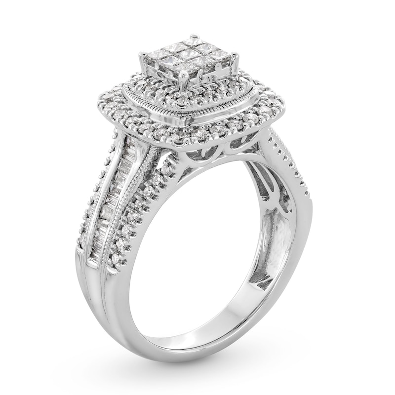 Main Image 3 of 1 CT. T.W. Princess-Cut Multi-Diamond Double Cushion Frame Triple Row Engagement Ring in 10K White Gold