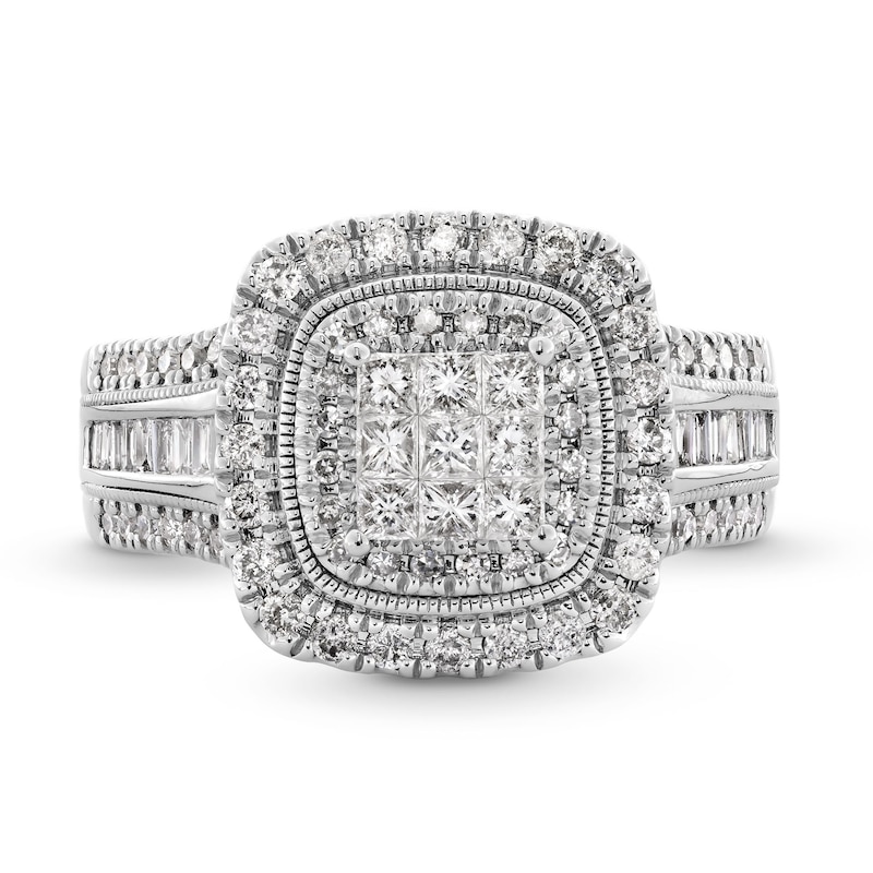 Main Image 4 of 1 CT. T.W. Princess-Cut Multi-Diamond Double Cushion Frame Triple Row Engagement Ring in 10K White Gold