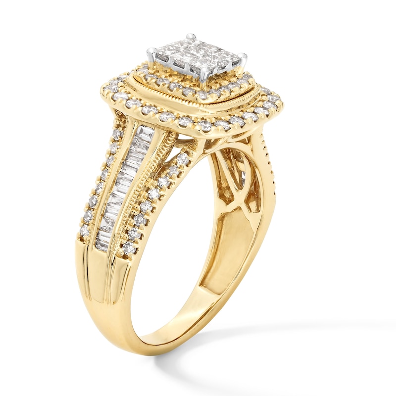 Main Image 3 of 1 CT. T.W. Princess-Cut Multi-Diamond Double Cushion Frame Triple Row Engagement Ring in 10K Gold