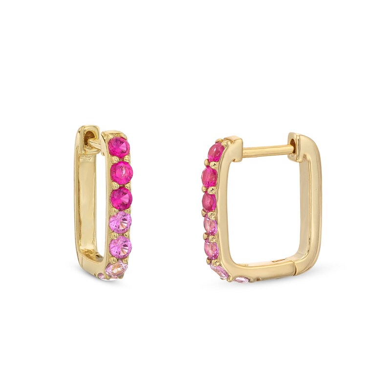 Main Image 1 of Lab-Created Ruby and Pink Lab-Created Sapphire Ombre Square Hoop Earrings in Sterling Silver with 14K Gold Plate