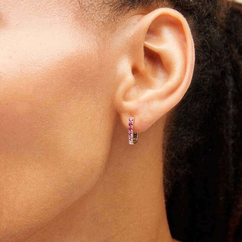 Main Image 2 of Lab-Created Ruby and Pink Lab-Created Sapphire Ombre Square Hoop Earrings in Sterling Silver with 14K Gold Plate