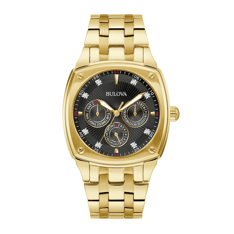 Main Image 1 of Men’s Bulova Diamond Accent Gold-Tone IP Chronograph Watch with Square Black Dial (Model: 97D138)