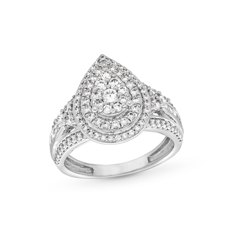 Main Image 1 of 1 CT. T.W. Pear-Shaped Multi-Diamond Double Frame Tri-Sides Split Shank Engagement Ring in 10K White Gold