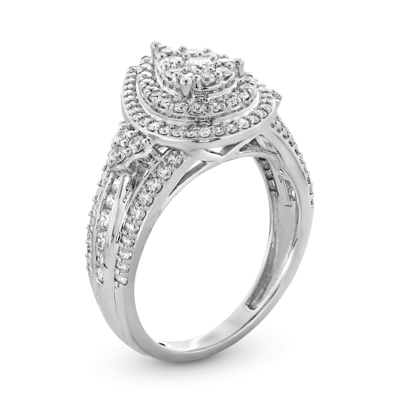 Main Image 3 of 1 CT. T.W. Pear-Shaped Multi-Diamond Double Frame Tri-Sides Split Shank Engagement Ring in 10K White Gold