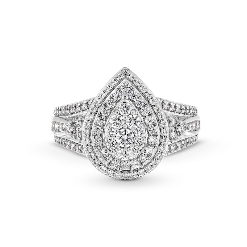 Main Image 4 of 1 CT. T.W. Pear-Shaped Multi-Diamond Double Frame Tri-Sides Split Shank Engagement Ring in 10K White Gold