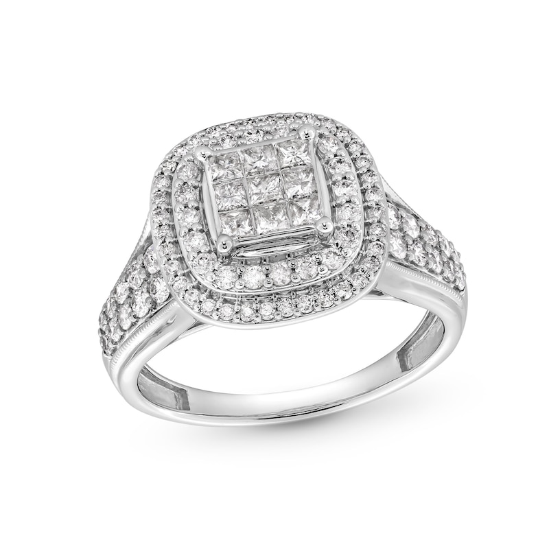 Main Image 1 of 1 CT. T.W. Princess-Cut Multi-Diamond Double Cushion Frame Engagement Ring in 10K White Gold