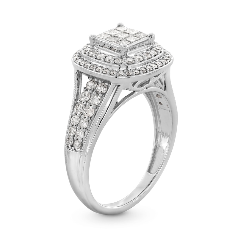 Main Image 3 of 1 CT. T.W. Princess-Cut Multi-Diamond Double Cushion Frame Engagement Ring in 10K White Gold