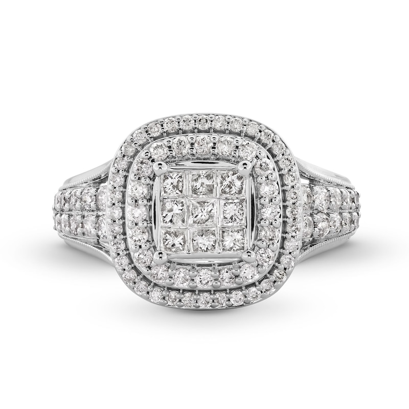 Main Image 4 of 1 CT. T.W. Princess-Cut Multi-Diamond Double Cushion Frame Engagement Ring in 10K White Gold