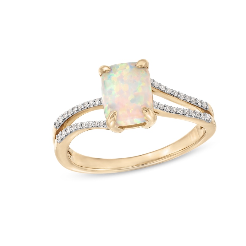 Main Image 1 of Elongated Cushion-Shaped Lab-Created Opal and 1/10 CT. T.W. Diamond Split Shank Ring in 10K Gold