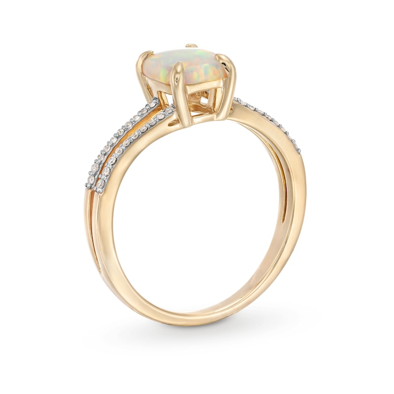 Main Image 3 of Elongated Cushion-Shaped Lab-Created Opal and 1/10 CT. T.W. Diamond Split Shank Ring in 10K Gold