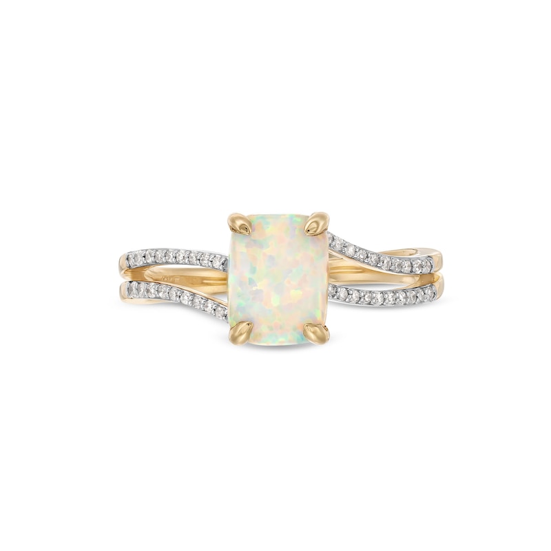 Main Image 4 of Elongated Cushion-Shaped Lab-Created Opal and 1/10 CT. T.W. Diamond Split Shank Ring in 10K Gold