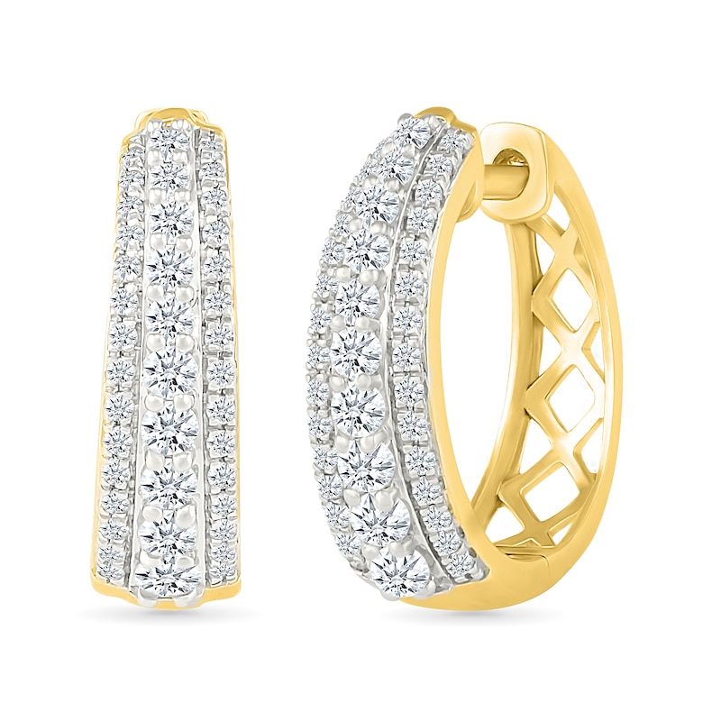 Main Image 1 of 1/2 CT. T.W. Lab-Grown Diamond Graduated Triple Row Small Hoop Earrings in Sterling Silver with 10K Gold Plate