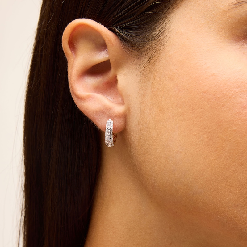 Main Image 2 of 1/2 CT. T.W. Lab-Grown Diamond Graduated Triple Row Small Hoop Earrings in Sterling Silver with 10K Gold Plate