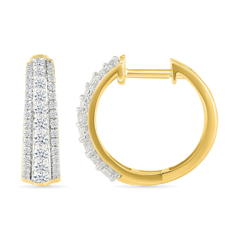Main Image 3 of 1/2 CT. T.W. Lab-Grown Diamond Graduated Triple Row Small Hoop Earrings in Sterling Silver with 10K Gold Plate