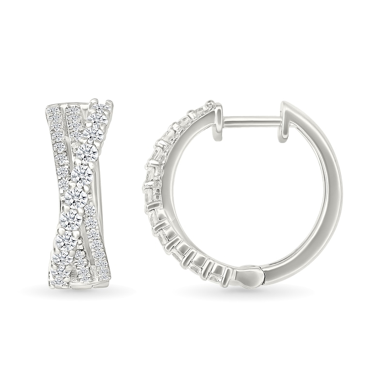 Main Image 3 of 1 CT. T.W. Lab-Grown Diamond Triple Row Crossover Hoop Earrings in Sterling Silver