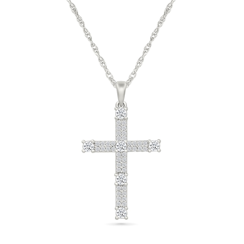 Main Image 1 of 1/2 CT. T.W. Lab-Grown Diamond Station Cross Pendant in Sterling Silver