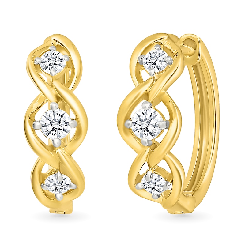 Main Image 1 of 3/8 CT. T.W. Lab-Grown Diamond Three Stone Twist Hoop Earrings in Sterling Silver with 10K Gold Plate