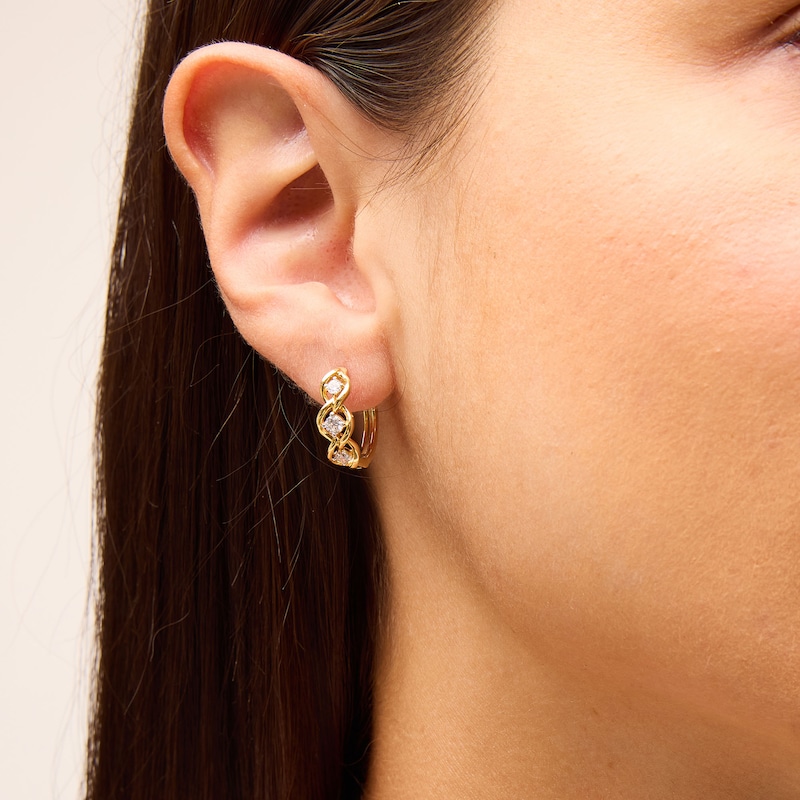Main Image 2 of 3/8 CT. T.W. Lab-Grown Diamond Three Stone Twist Hoop Earrings in Sterling Silver with 10K Gold Plate