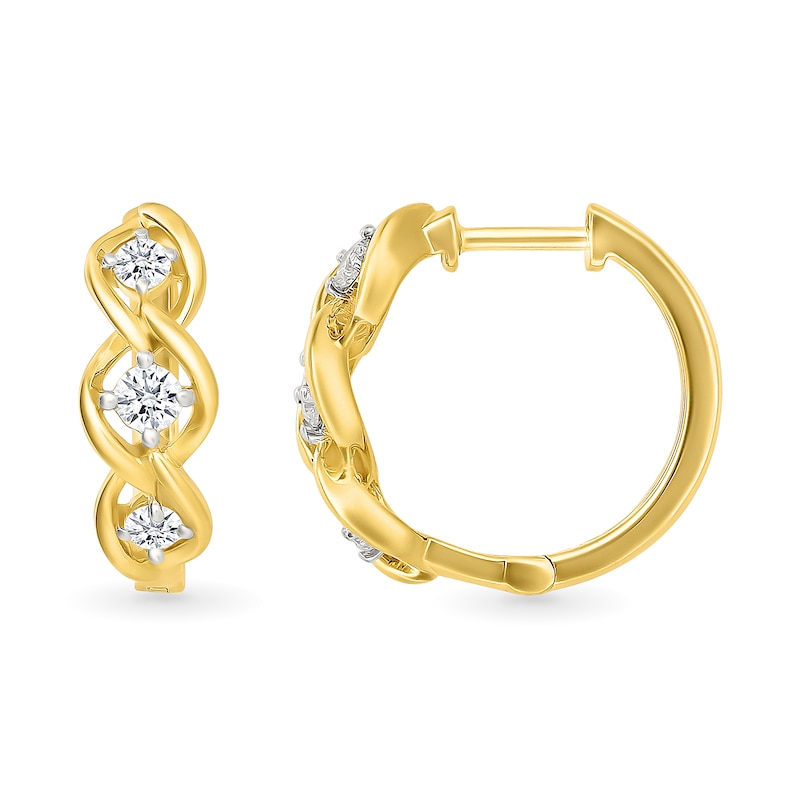 Main Image 3 of 3/8 CT. T.W. Lab-Grown Diamond Three Stone Twist Hoop Earrings in Sterling Silver with 10K Gold Plate