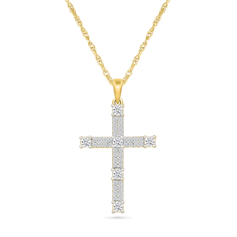 Main Image 1 of 1/2 CT. T.W. Lab-Grown Diamond Station Cross Pendant in Sterling Silver with 10K Gold Plate