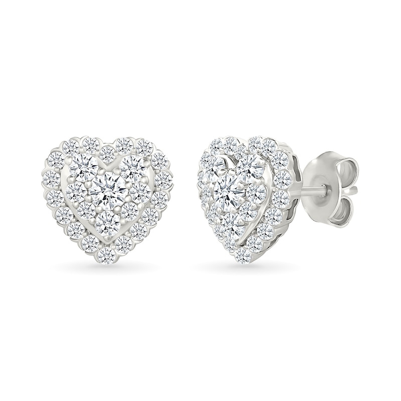 Main Image 1 of 1 CT. T.W. Heart-Shaped Lab-Grown Multi-Diamond Frame Stud Earrings in Sterling Silver