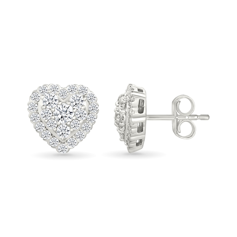Main Image 3 of 1 CT. T.W. Heart-Shaped Lab-Grown Multi-Diamond Frame Stud Earrings in Sterling Silver