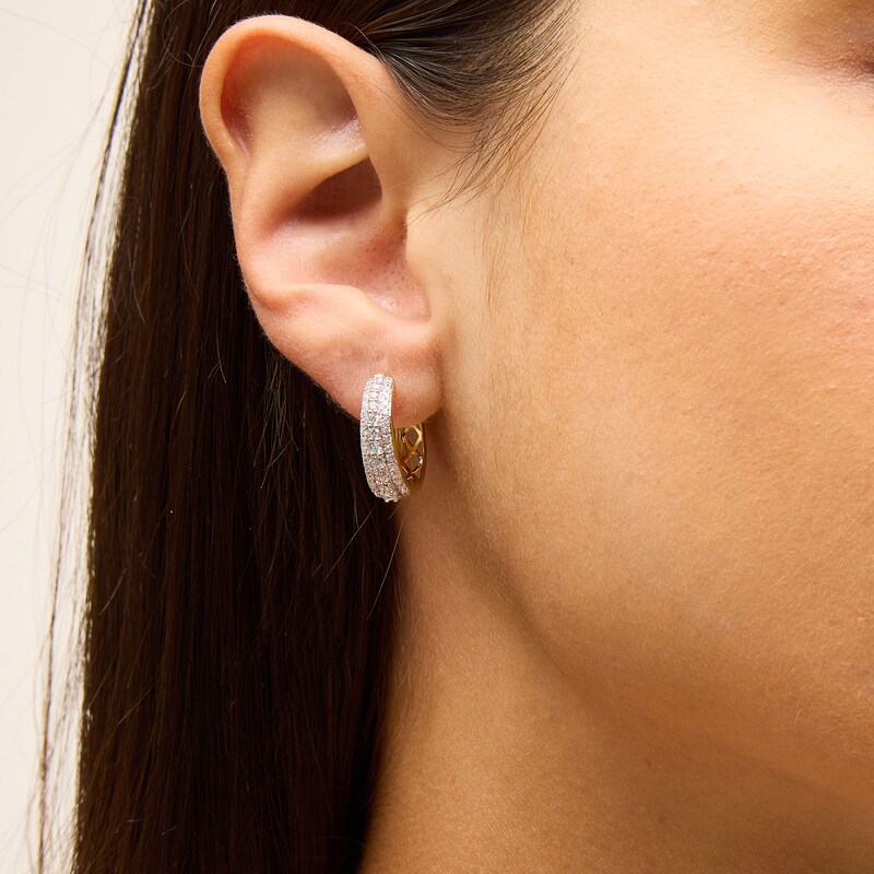 Main Image 2 of 1 CT. T.W. Lab-Grown Diamond Graduated Triple Row Hoop Earrings in Sterling Silver with 10K Gold Plate