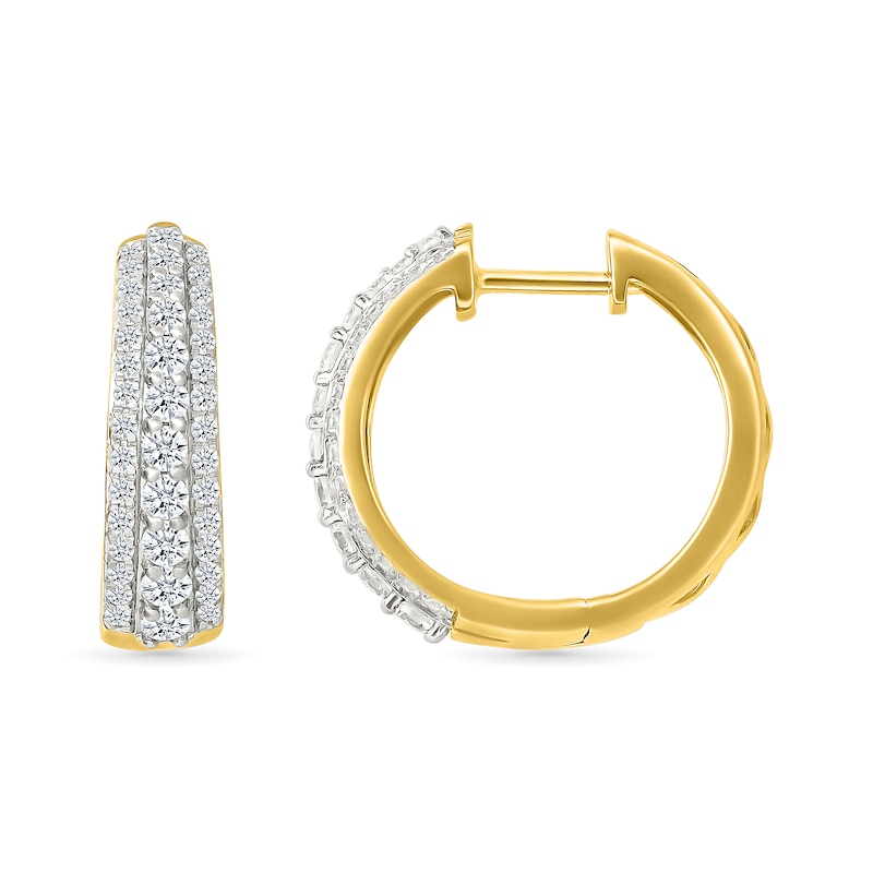 Main Image 3 of 1 CT. T.W. Lab-Grown Diamond Graduated Triple Row Hoop Earrings in Sterling Silver with 10K Gold Plate