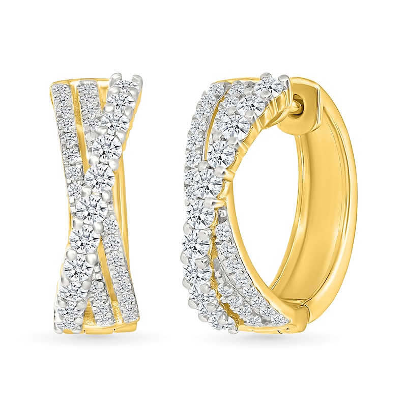 Main Image 1 of 1 CT. T.W. Lab-Grown Diamond Triple Row Crossover Hoop Earrings in Sterling Silver with 10K Gold Plate