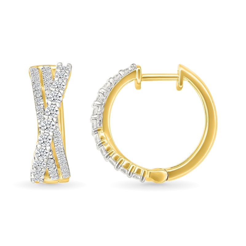 Main Image 3 of 1 CT. T.W. Lab-Grown Diamond Triple Row Crossover Hoop Earrings in Sterling Silver with 10K Gold Plate