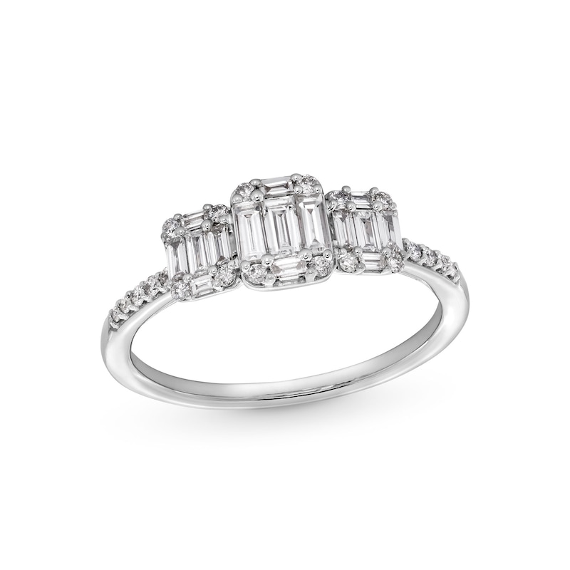 Main Image 1 of 1/2 CT. T.W. Emerald-Shaped Multi-Diamond Three Stone Engagement Ring in 10K White Gold