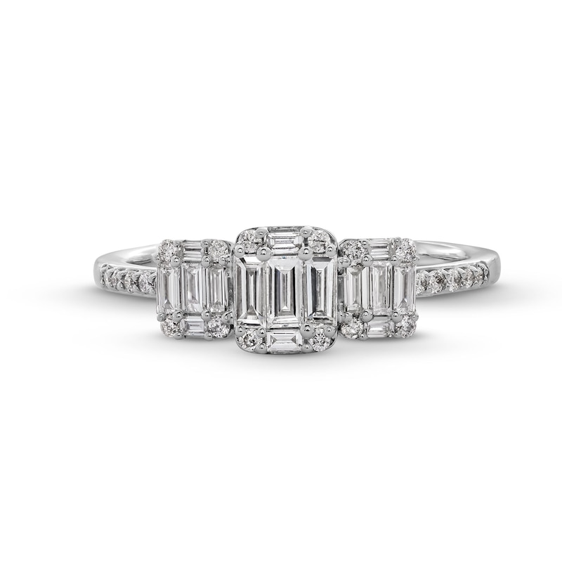 Main Image 4 of 1/2 CT. T.W. Emerald-Shaped Multi-Diamond Three Stone Engagement Ring in 10K White Gold