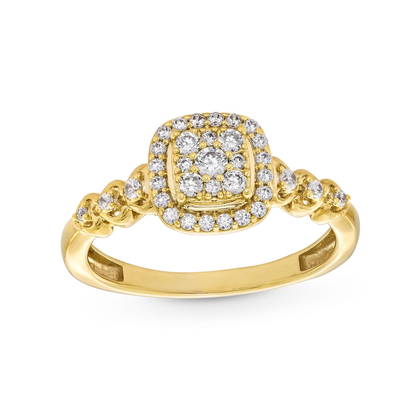 Main Image 1 of 1/3 CT. T.W. Cushion-Shaped Multi-Diamond Frame Heart Shank Engagement Ring in 10K Gold