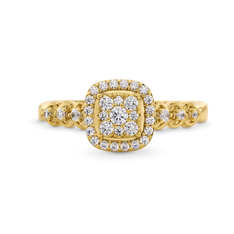 Main Image 4 of 1/3 CT. T.W. Cushion-Shaped Multi-Diamond Frame Heart Shank Engagement Ring in 10K Gold