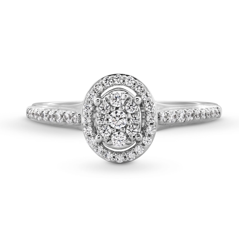 Main Image 4 of 1/3 CT. T.W. Oval-Shaped Multi-Diamond Frame Engagement Ring in 10K White Gold