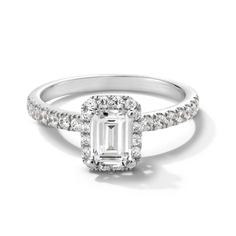 Main Image 1 of 1-1/3 CT. T.W. Emerald-Cut Certified Lab-Grown Diamond Frame Engagement Ring in 10K White Gold (F/SI2)