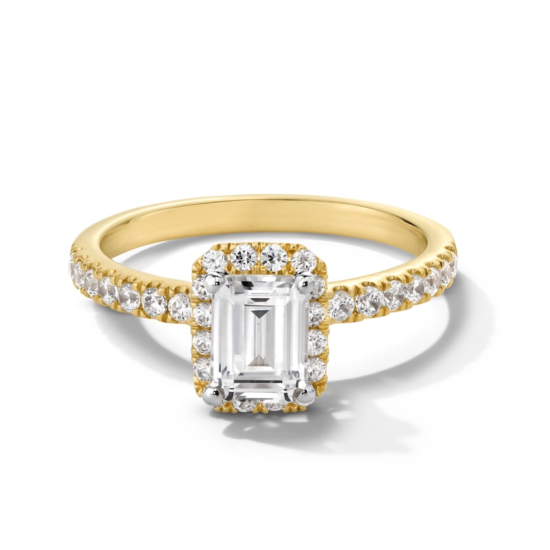 Main Image 1 of 1-1/3 CT. T.W. Emerald-Cut Certified Lab-Grown Diamond Frame Engagement Ring in 10K Gold (F/SI2)