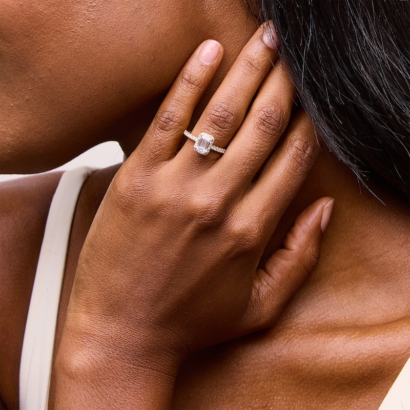 Main Image 2 of 1-1/3 CT. T.W. Emerald-Cut Certified Lab-Grown Diamond Frame Engagement Ring in 10K Gold (F/SI2)
