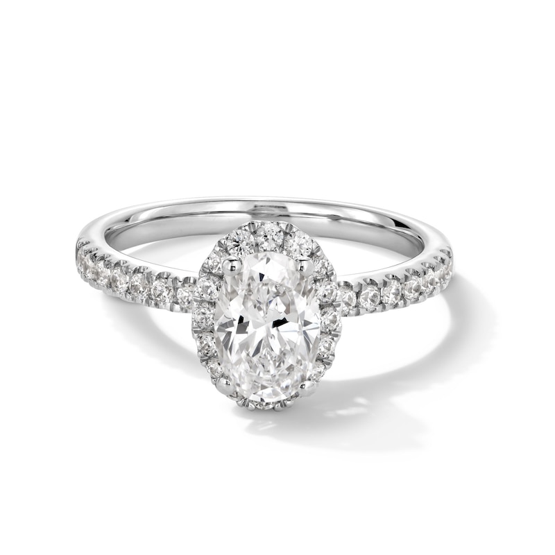 Main Image 1 of 1-1/3 CT. T.W. Oval Certified Lab-Grown Diamond Frame Engagement Ring in 10K White Gold (F/SI2)