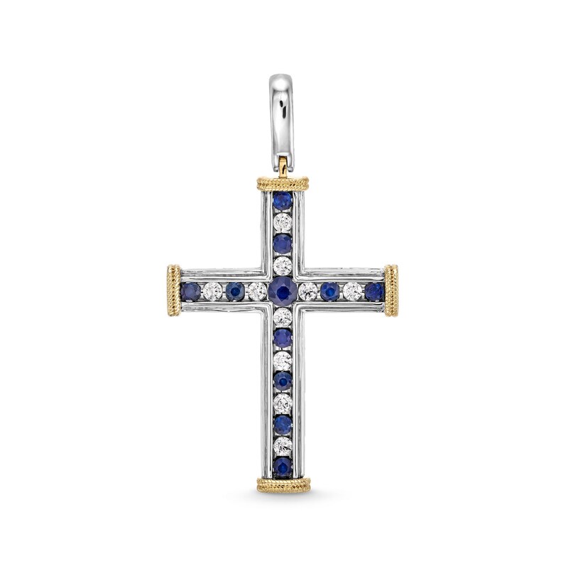 Main Image 1 of Blue Sapphire and 1/2 CT. T.W. Diamond Alternating Cross Necklace Charm in 10K Two-Tone Gold