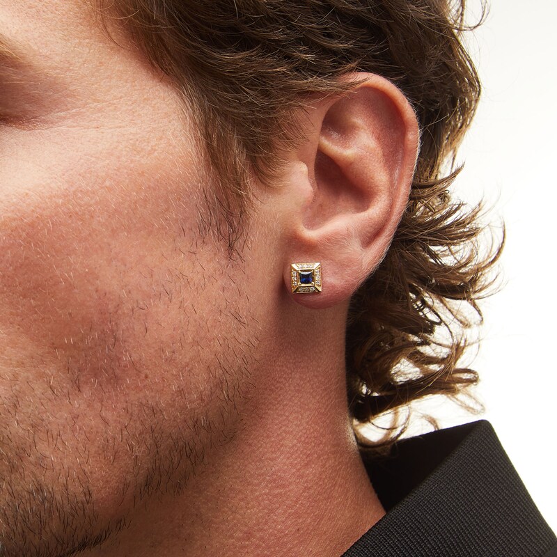 Main Image 2 of Square-Cut Blue Sapphire and 1/6 CT. T.W. Diamond Frame Stud Earrings in 10K Gold