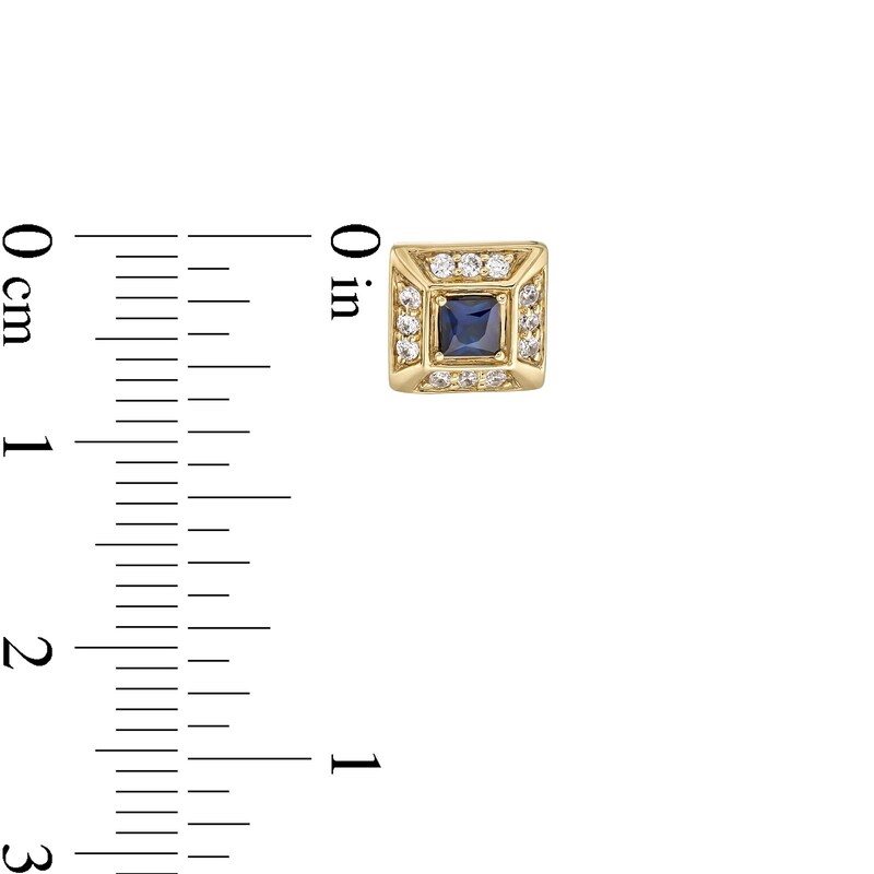 Main Image 3 of Square-Cut Blue Sapphire and 1/6 CT. T.W. Diamond Frame Stud Earrings in 10K Gold