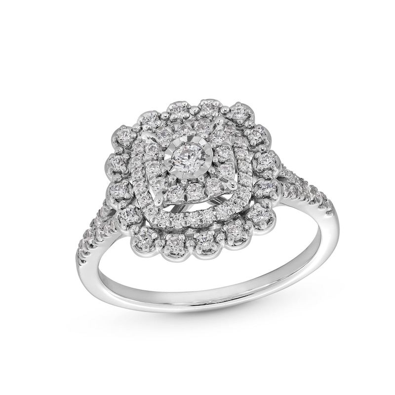Main Image 1 of 1/2 CT. T.W. Cushion-Shaped Multi-Diamond Double Flower Frame Split Shank Engagement Ring in 10K White Gold