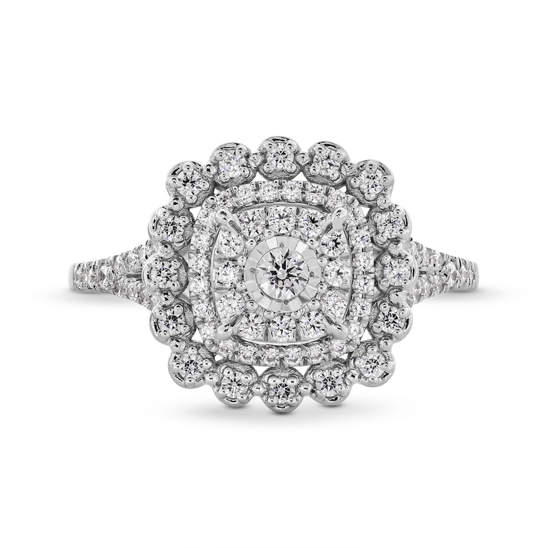 Main Image 4 of 1/2 CT. T.W. Cushion-Shaped Multi-Diamond Double Flower Frame Split Shank Engagement Ring in 10K White Gold