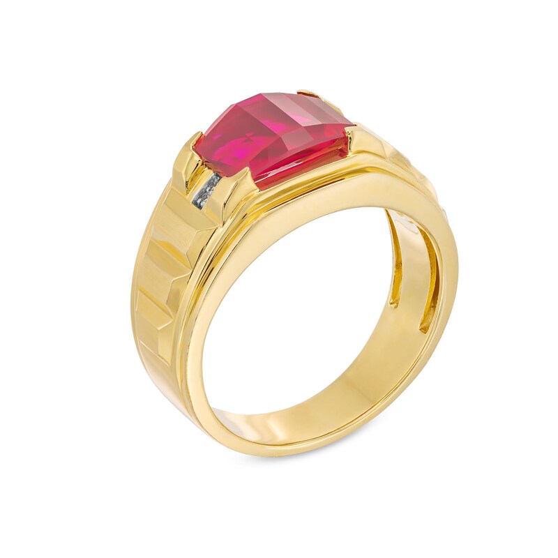 Main Image 2 of Sideways Barrel-Cut Lab-Created Ruby and Diamond Accent Bar Shank Ring in 10K Gold