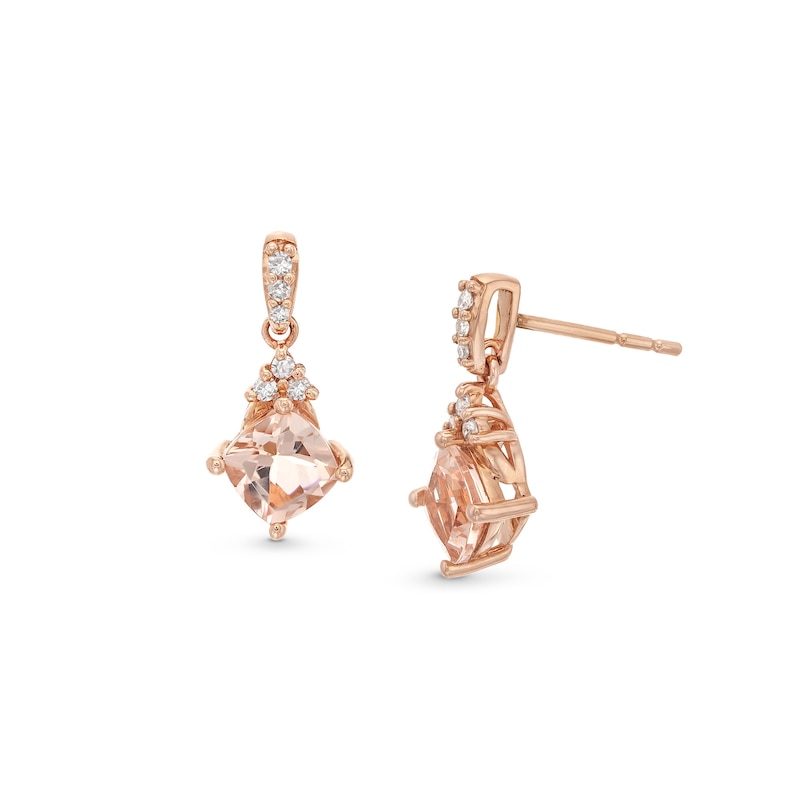 Main Image 1 of 5.0mm Tilted Cushion-Cut Morganite and 1/15 CT. T.W. Diamond Tri-Top Drop Earrings in 10K Rose Gold