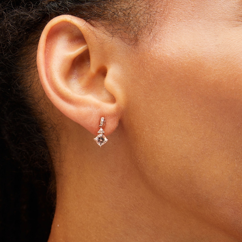 Main Image 2 of 5.0mm Tilted Cushion-Cut Morganite and 1/15 CT. T.W. Diamond Tri-Top Drop Earrings in 10K Rose Gold