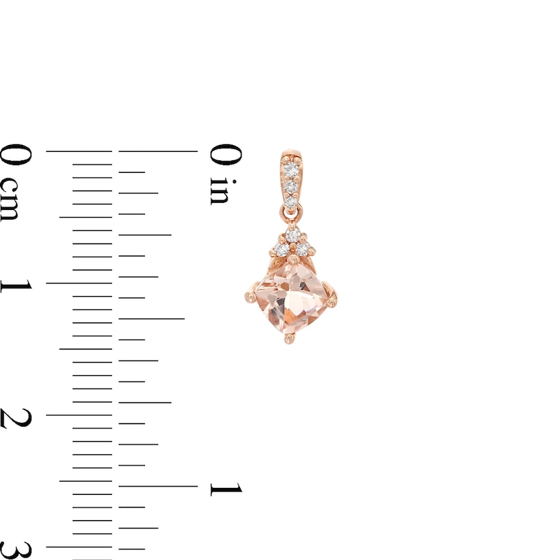 Main Image 3 of 5.0mm Tilted Cushion-Cut Morganite and 1/15 CT. T.W. Diamond Tri-Top Drop Earrings in 10K Rose Gold