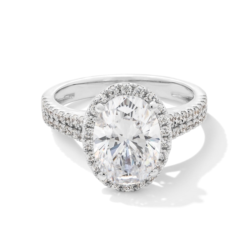 Main Image 1 of 3-1/2 CT. T.W. Oval Certified Lab-Grown Diamond Frame Double Row Engagement Ring in 14K White Gold (F/SI2)