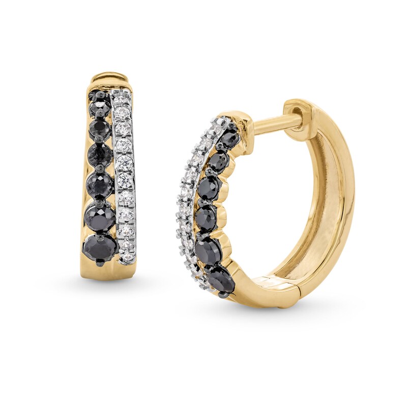 Main Image 1 of 1/2 CT. T.W. Black and White Diamond Graduated Double Row Hoop Earrings in Sterling Silver with 10K Gold Plate
